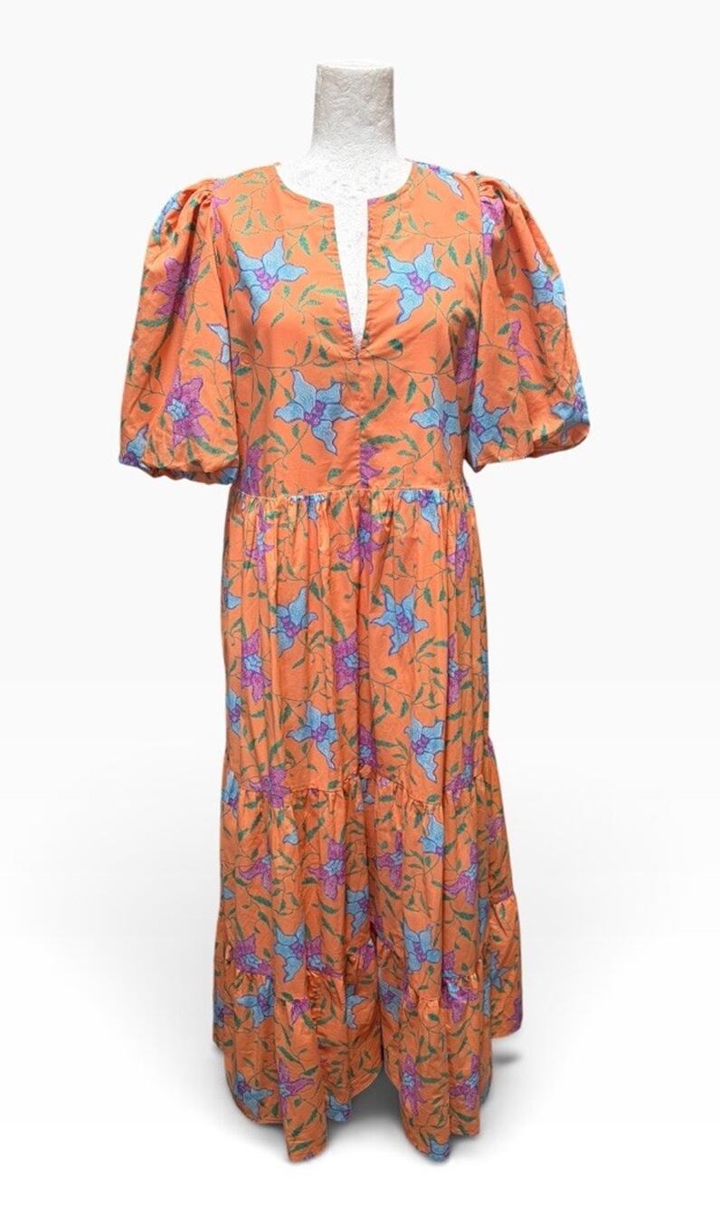 Hyacinth House Orange Tiered Maxi Dress Puff Sleeve Cottagecore Romantic Medium